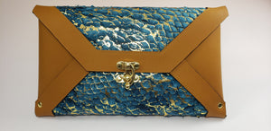 Erika Lynn Fish Leather Brown Turquoise Clutch